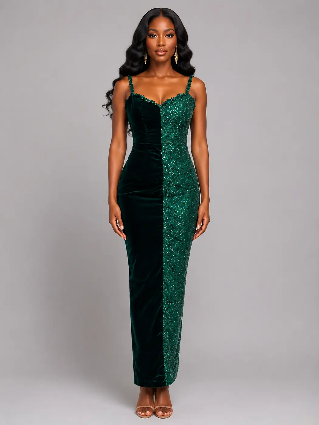 Green Suede and Sequin evening dress