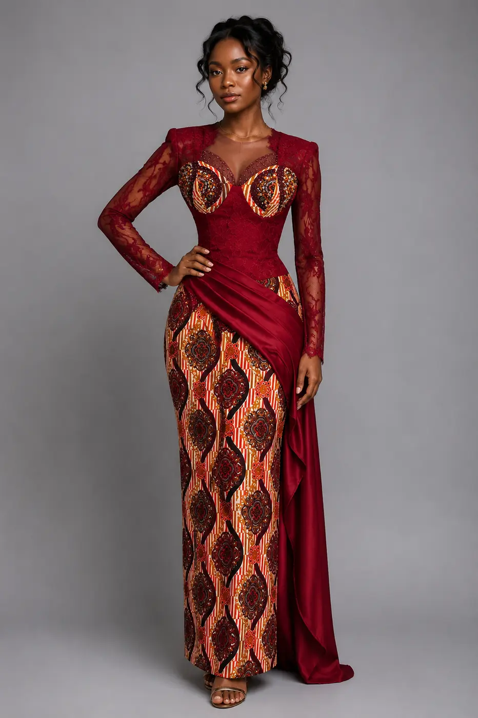 Red Lace and Ankara Print Dress