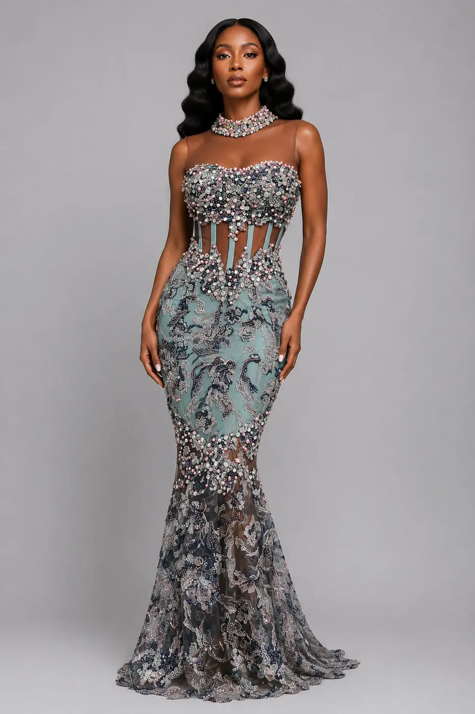 Teal Lace Beaded Halter Neck