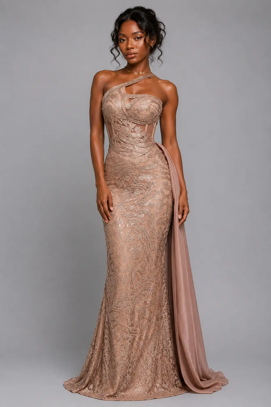 One hand Extended back beige dress