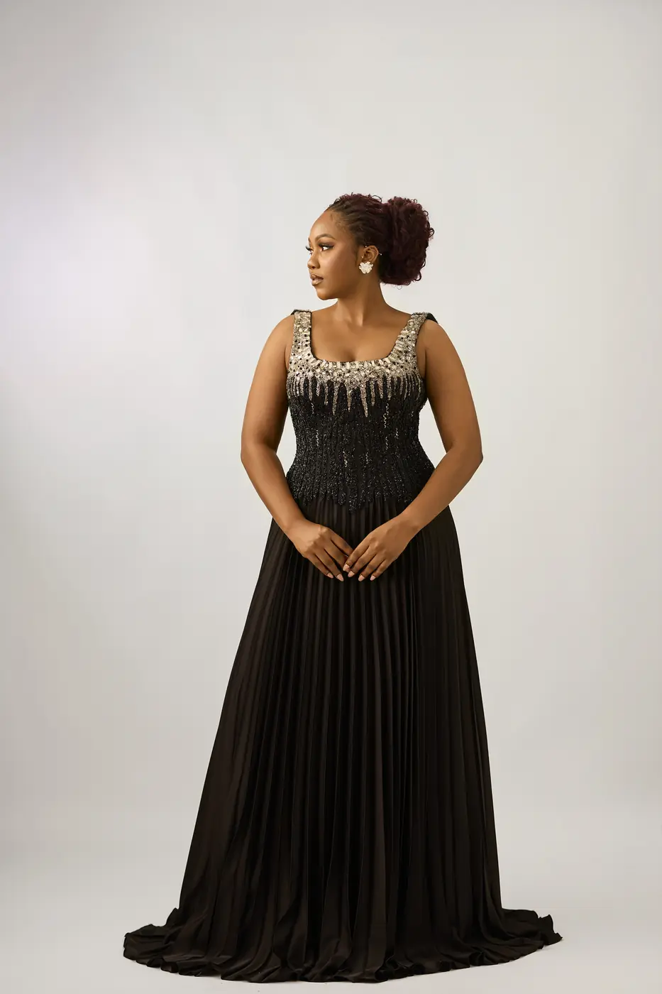Black pleated embellished chest dress