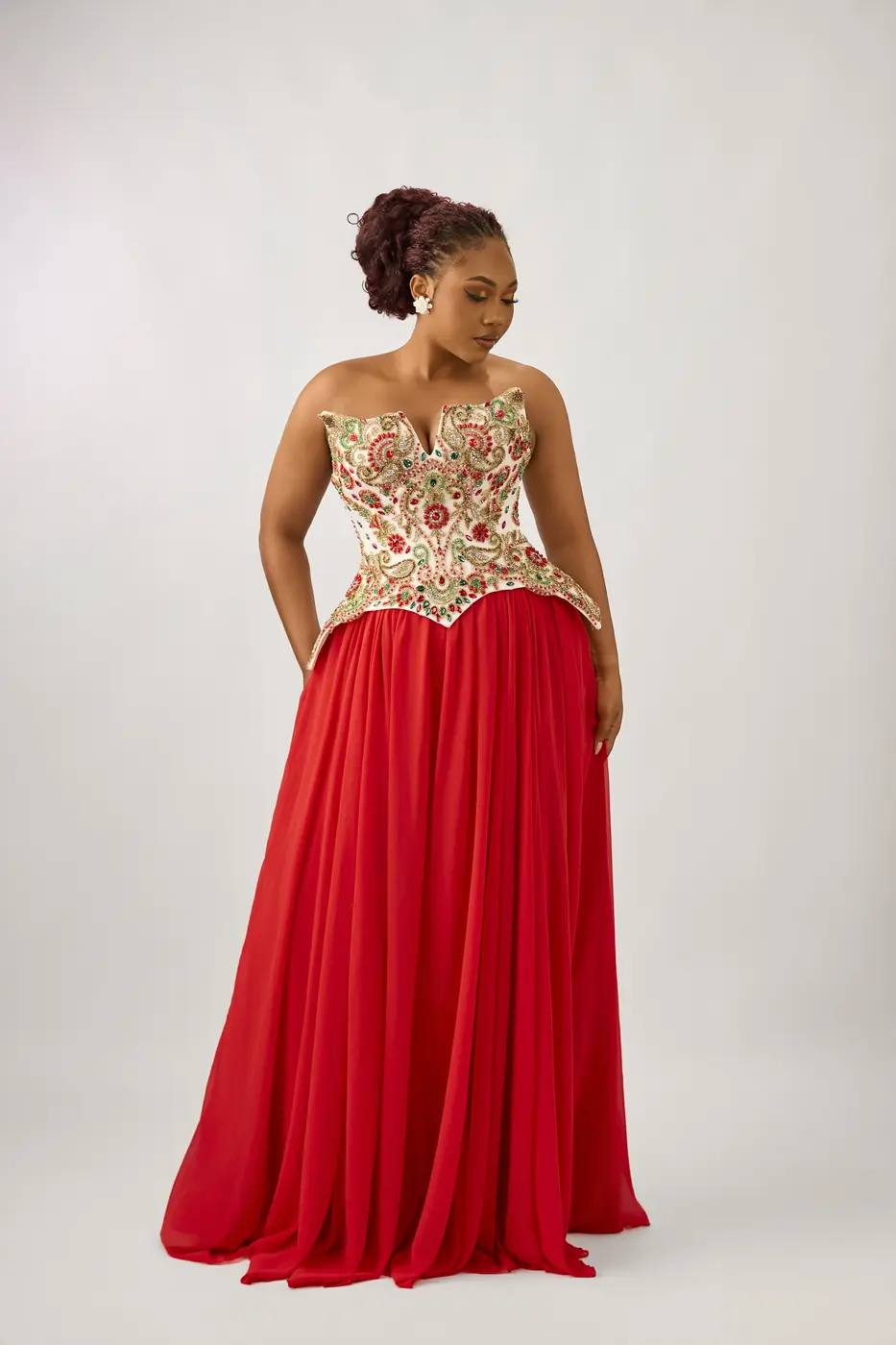 Multicoloured white corset and red skirt