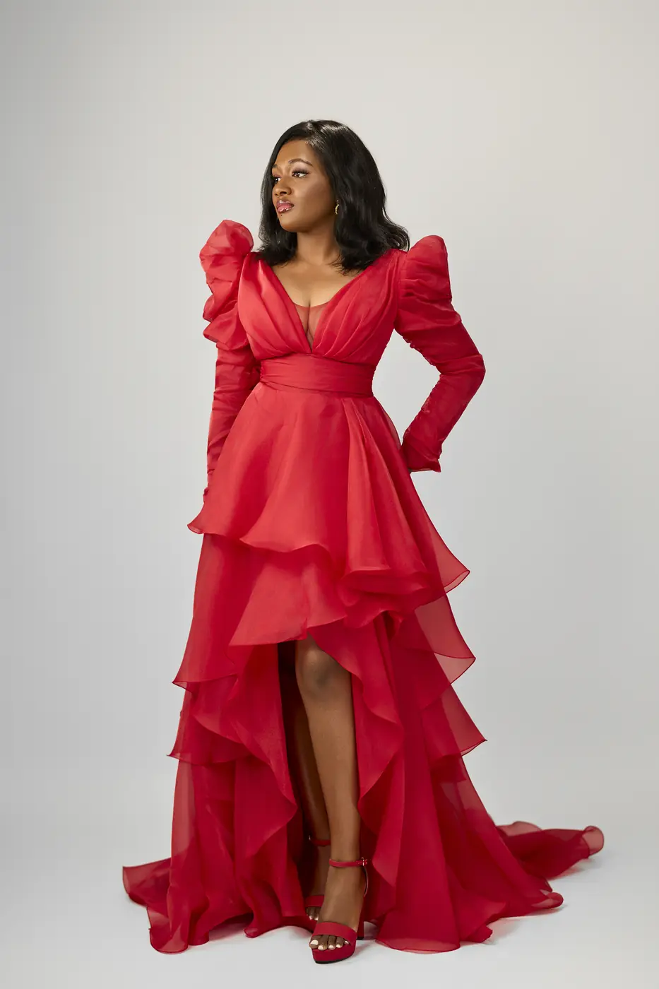 high slit rouched shoulders red dress
