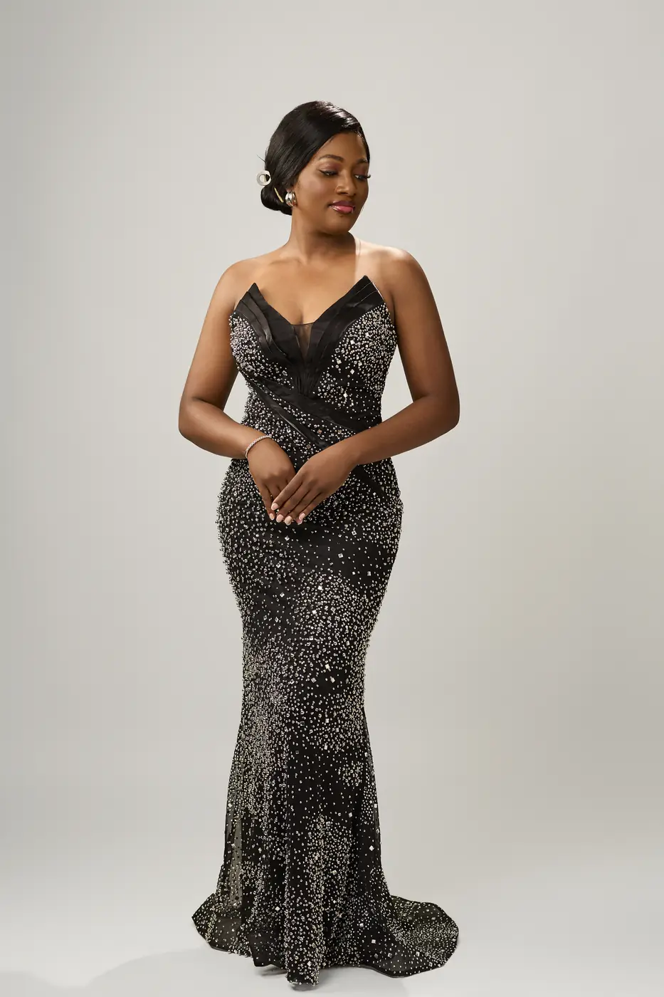 crystal Beaded off strapless black dress