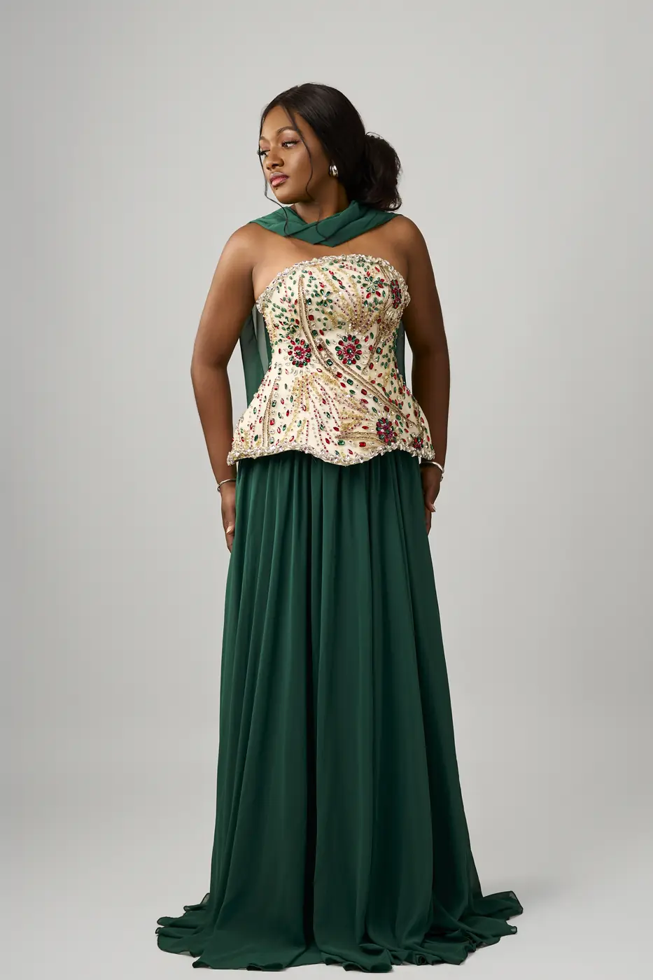 Multicoloured white corset and green skirt