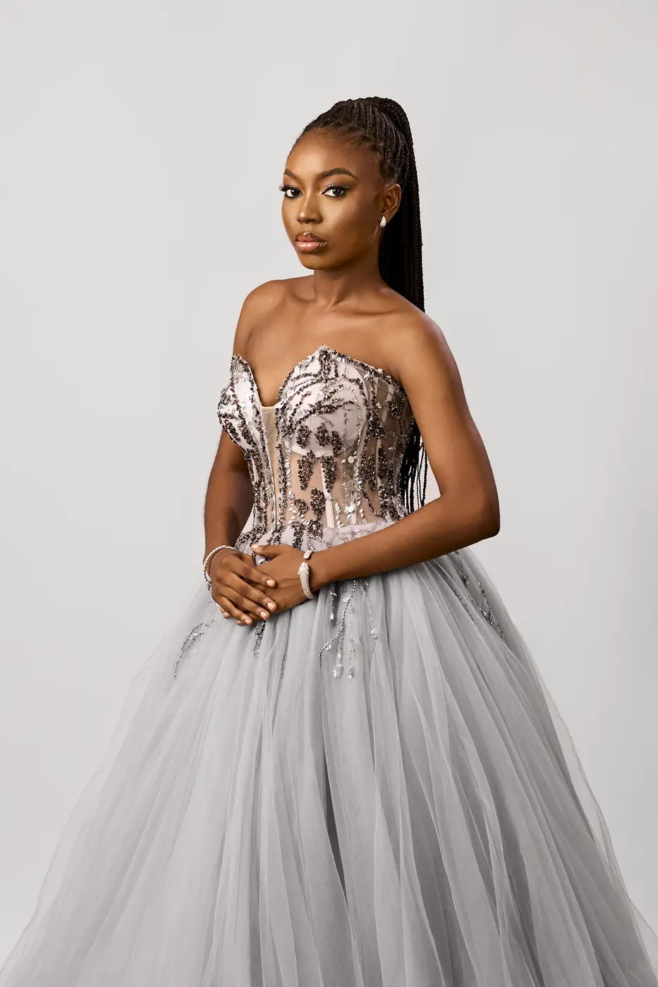 Strapless beaded Grey princess gown