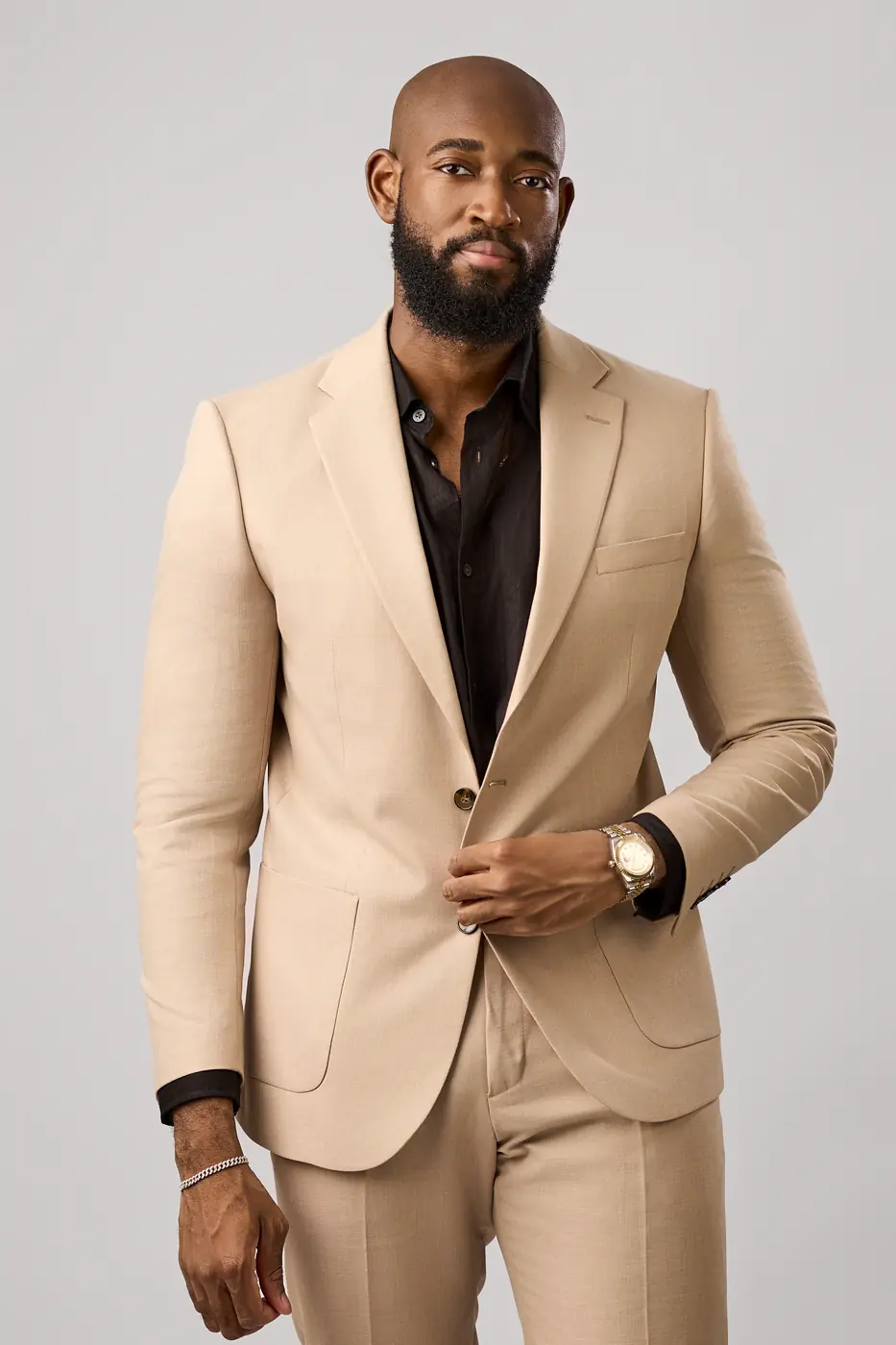 Khaki suit coat and trousers