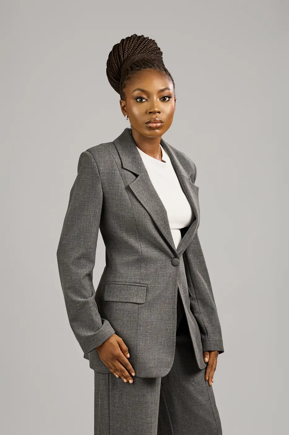 Grey 2 piece female suit with belt