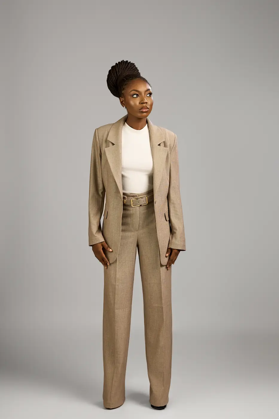 Brown 2 piece female suit with belt