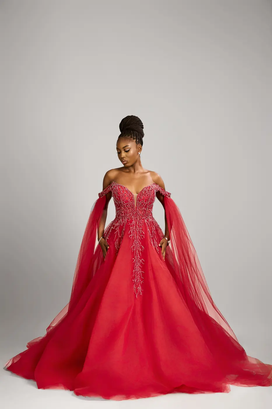 Beaded Lace Cape Arms Red gown