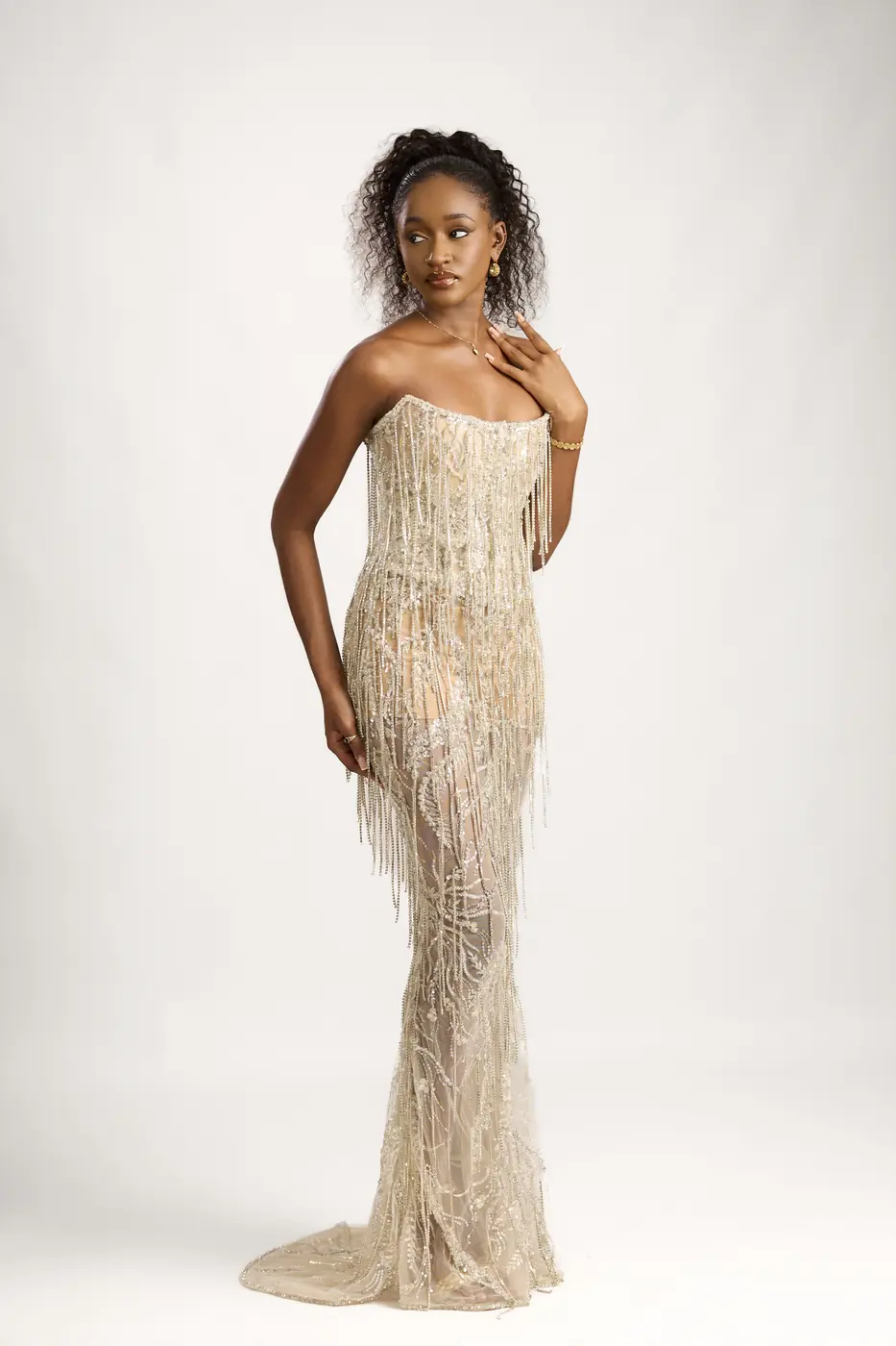 Elegant Strapless Dangling Beaded Dress