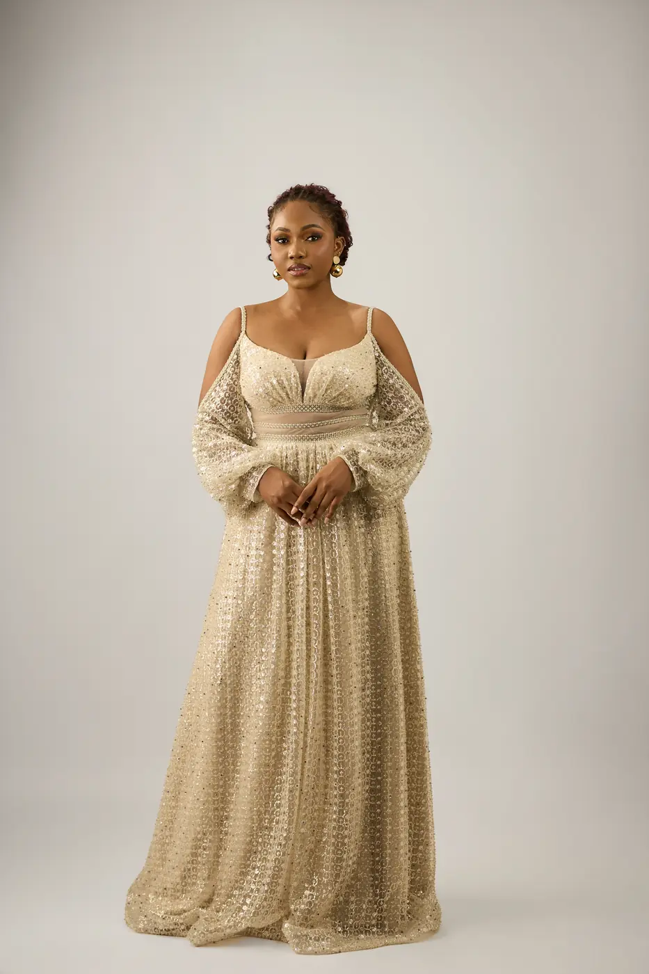 Long sleves cut shoulder sequin dress