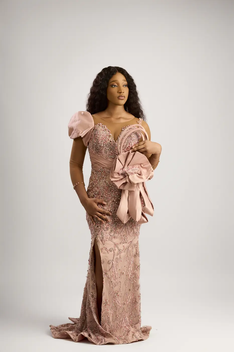 Large bow beaded statement dress