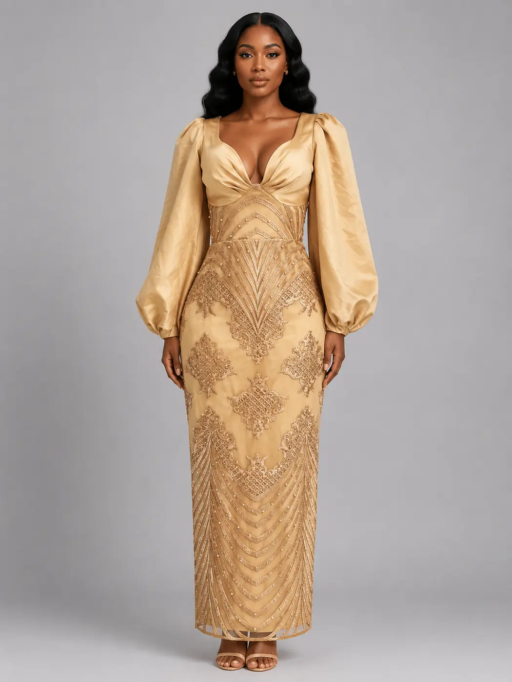 Low Neckline long sleeved midi dress