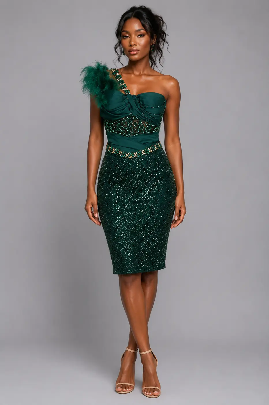 One Arm Feathery Green Midi Dress