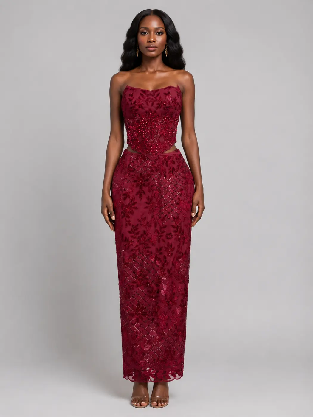 Strapless wine Bustier and Skirt